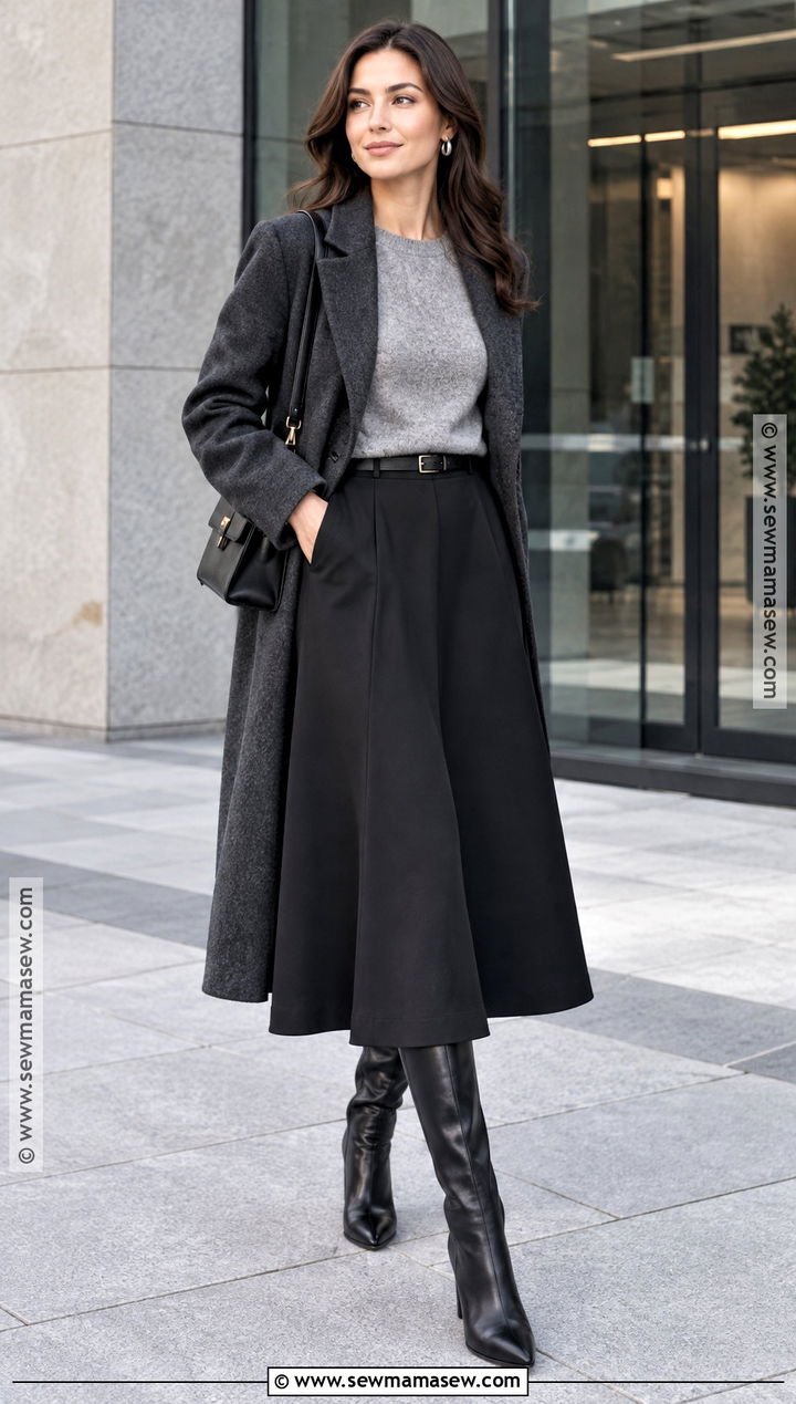Gray Cashmere Sweater With Black Midi Skirt - 25 sweater weather outfits