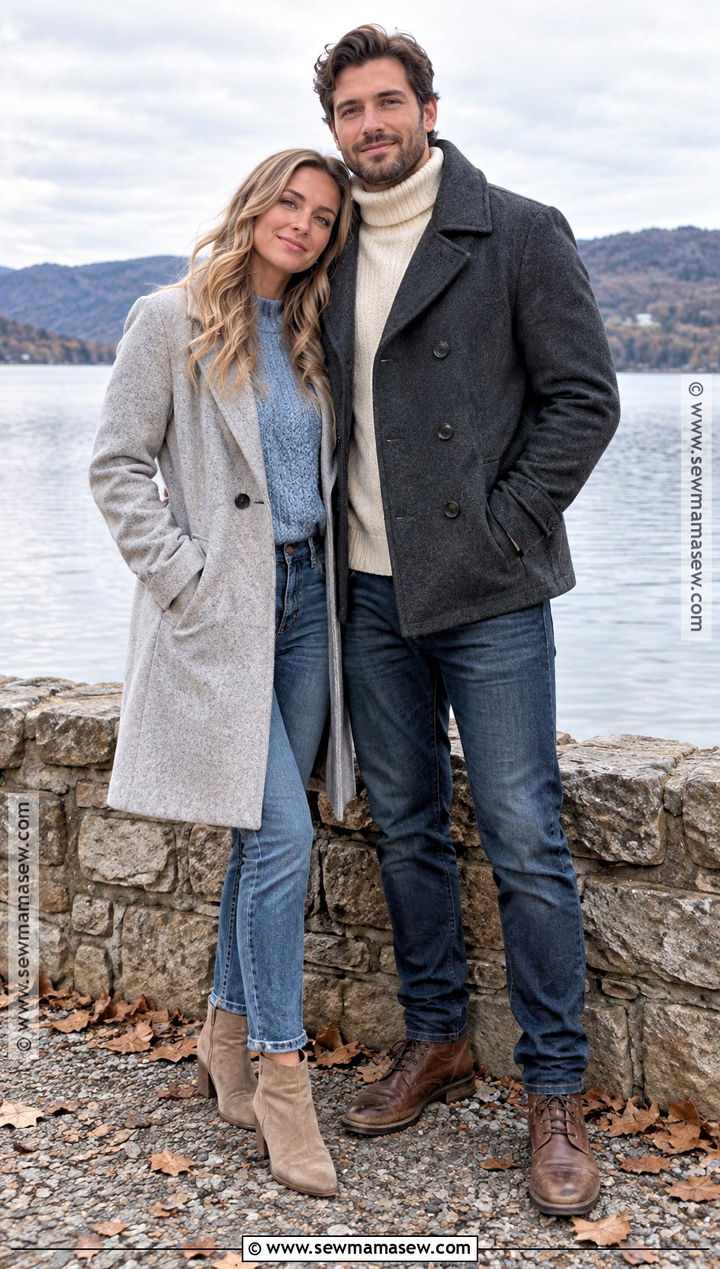 Gray Coat And Blue Jeans Fall Couple Outfit - 20 fall couple photoshoot outfits photo ideas outdoor