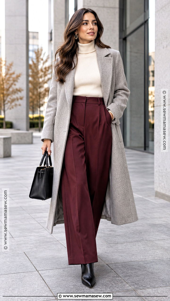 Gray Coat And Burgundy Trousers Outfit - 20 Autumn Photoshoot Outfits