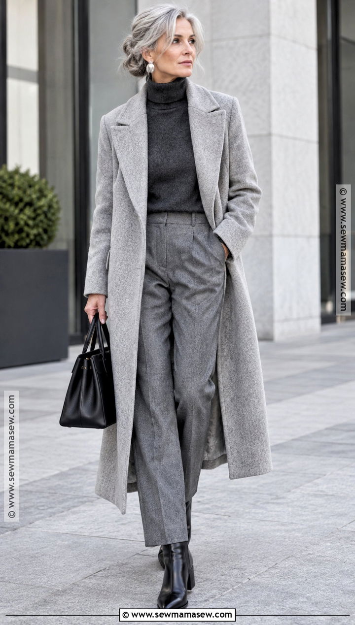 Gray Coat And Monochrome Knit Fall Outfit - 15 Fall 23 Street Style Ideas