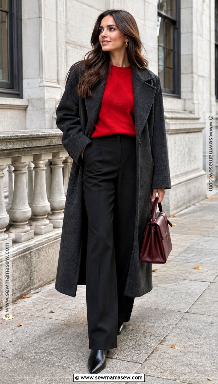 Gray Coat And Red Sweater Autumn Outfit - 25 classy autumn outfits