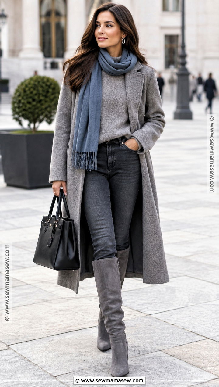 Gray Coat Gray Jeans and Slouchy Boots - 20 Fall Boots Outfit Jeans