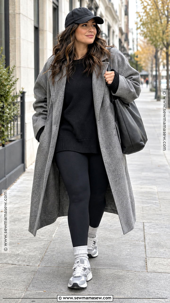 Gray Coat With Leggings And Sneakers - 20 Coat Fall Outfit Ideas