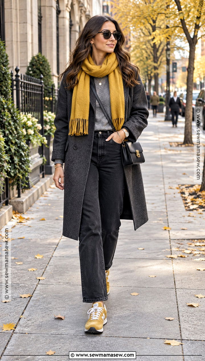 Gray Coat With Yellow Scarf And Sneakers - 15 yellow fall fashion ideas