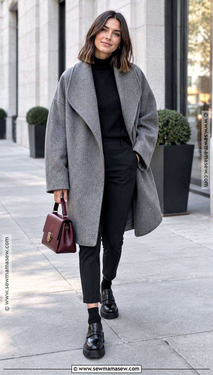 Gray Cocoon Coat Outfit With Slim Pants - 25 autumn coat ideas
