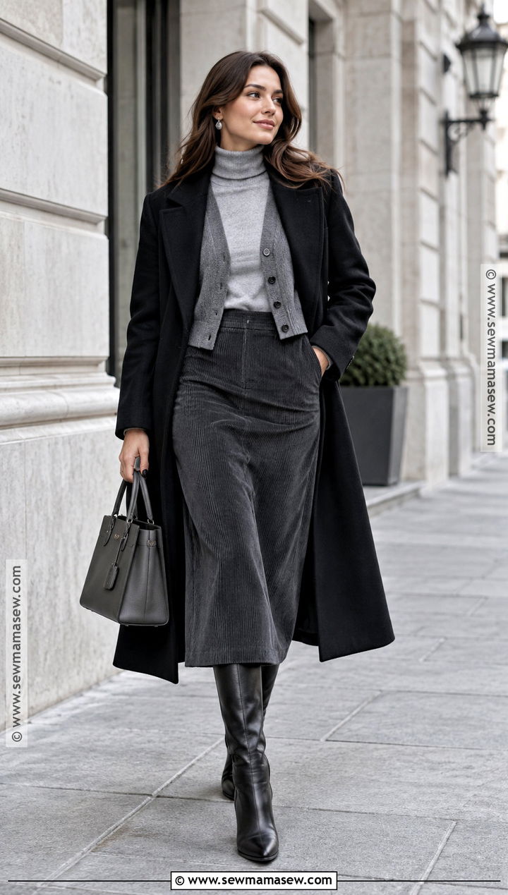 Gray Corduroy Midi Skirt With Monochrome Knit Layers - 25 corduroy skirt outfit fall ideas