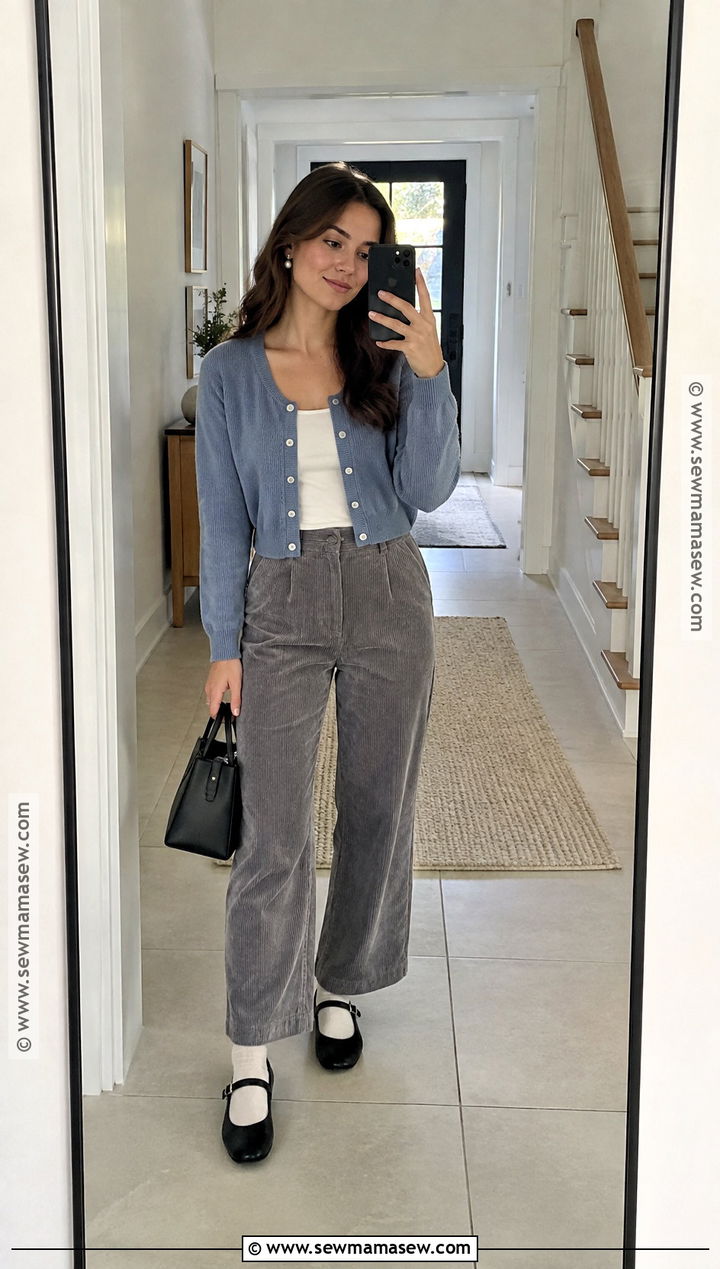 Gray Corduroy Pants With Cropped Cardigan - 15 fall outfit corduroy pants