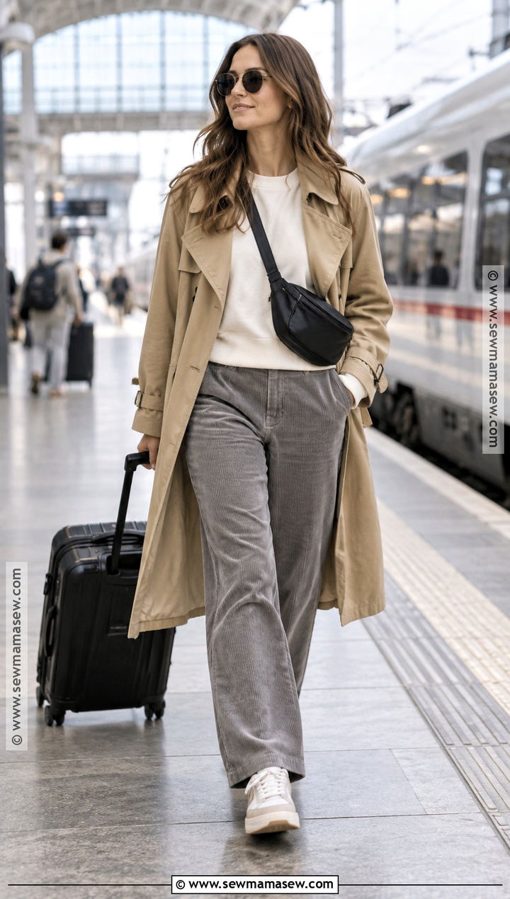 Gray Corduroy Pants With Sweatshirt And Trench Coat - 15 Fall Outfits Corduroy Pants