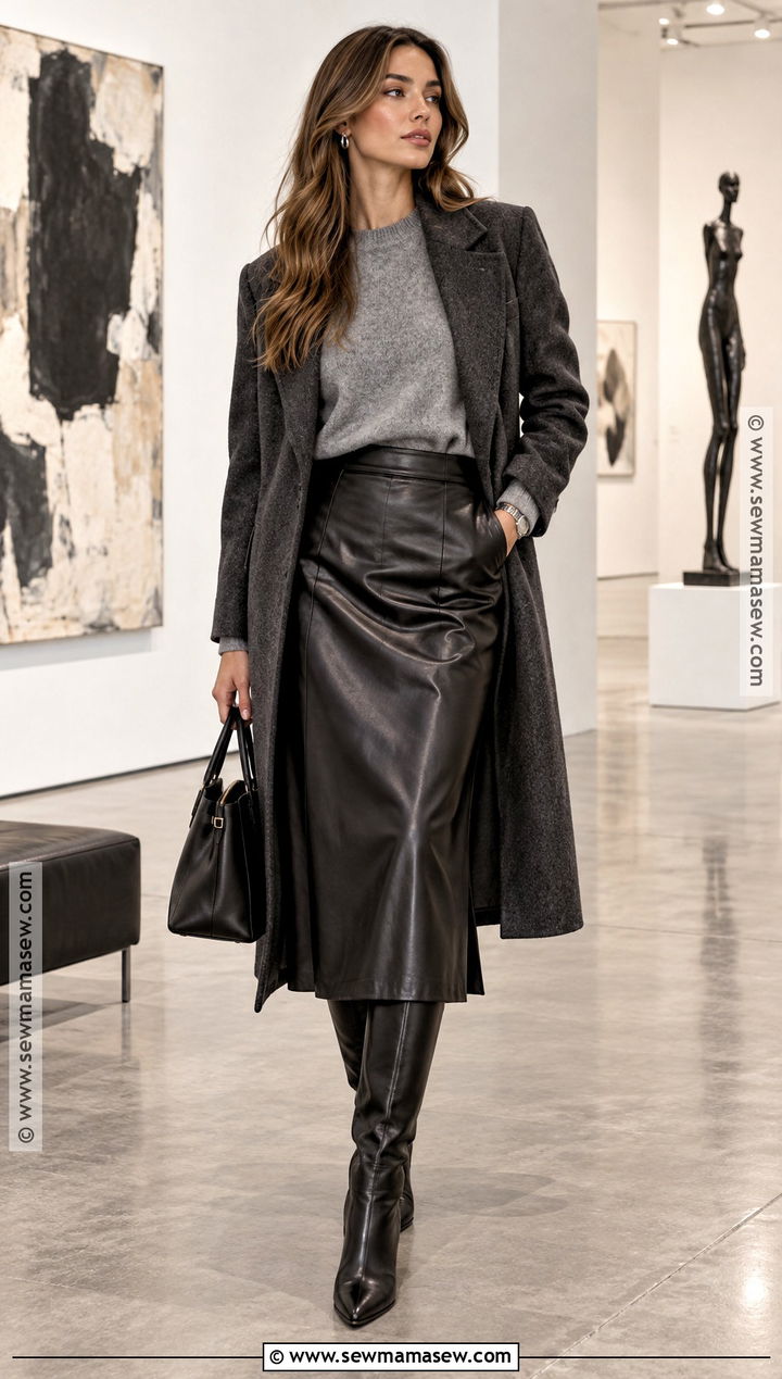 Gray Crewneck Sweater With Leather Midi Skirt - 20 Autumn Knitwear Ideas