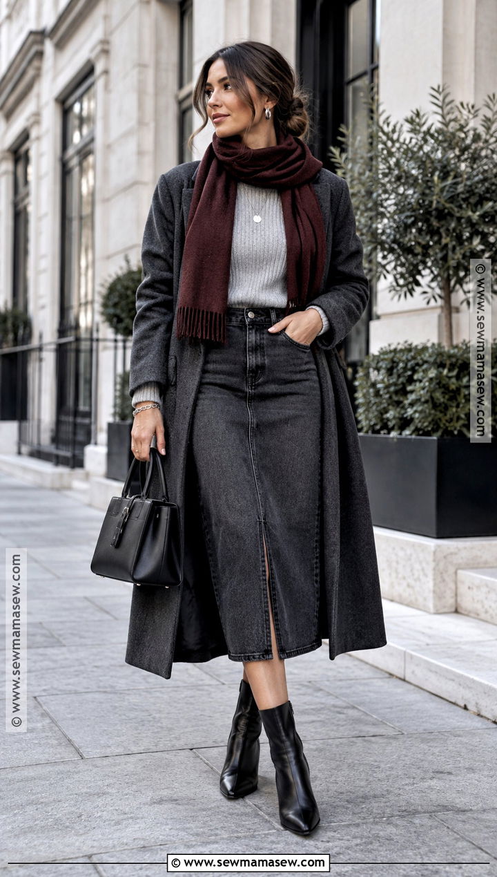Gray Denim Skirt With Monochrome Knit Layers - 20 Denim Skirt Outfits Fall