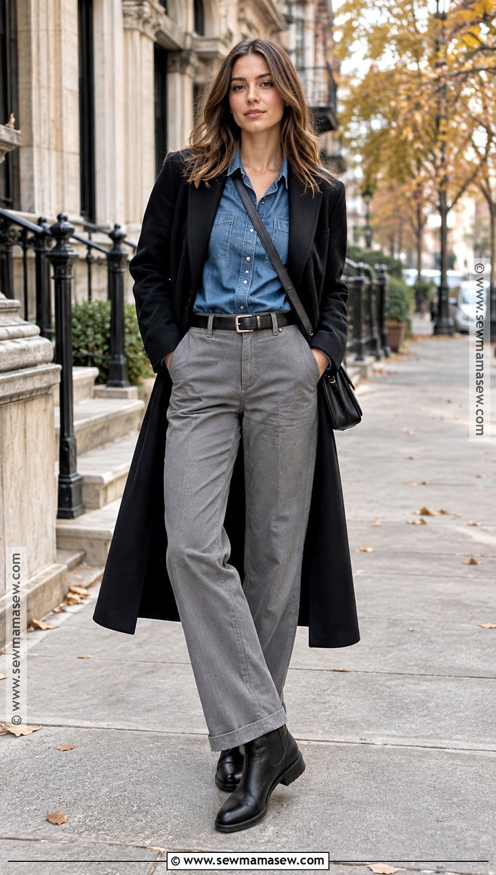 Gray Dickies Pants With Denim Shirt And Chelsea Boots - 15 Dickies Pants Outfits Women Fall