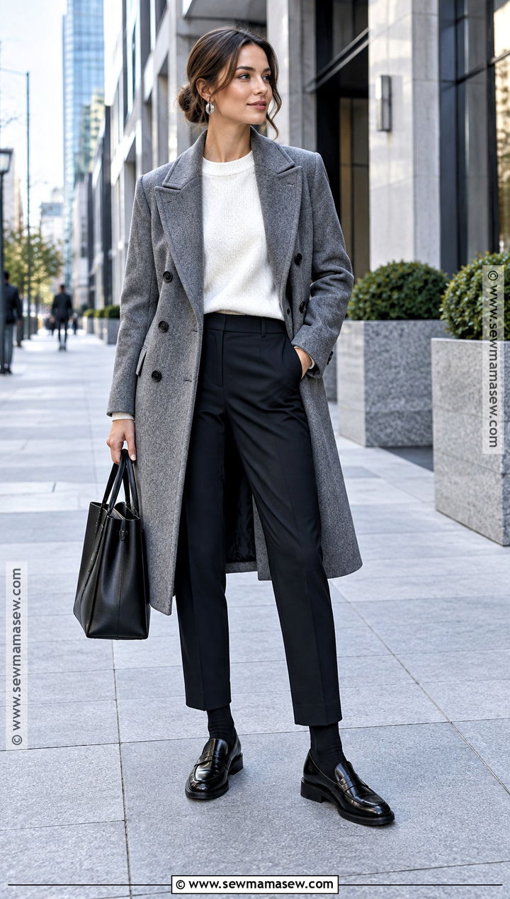 Gray Double Breasted Coat With Loafers - 15 fall coats for women classy