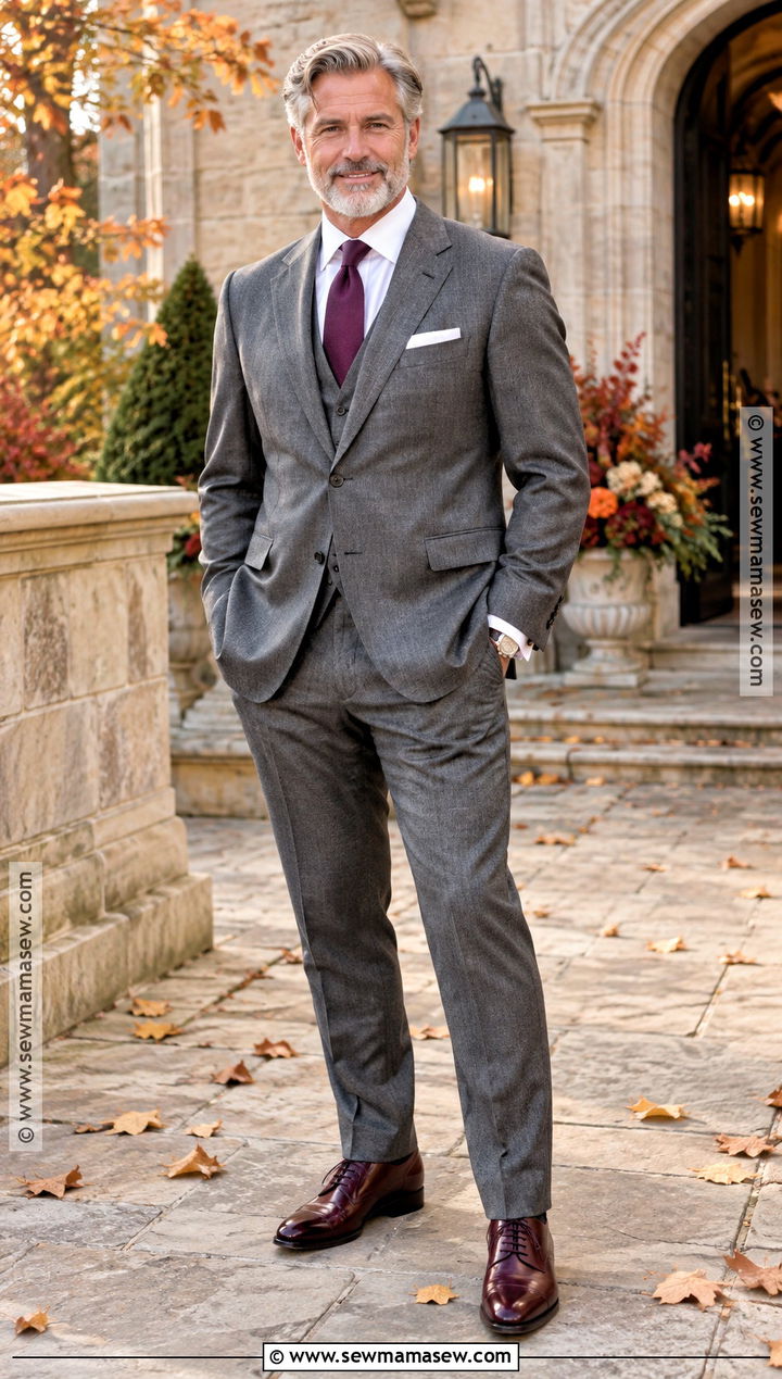 Gray Flannel Father Of The Bride Suit With Plum Tie - 15 Father Of The Bride Attire Fall Wedding Ideas