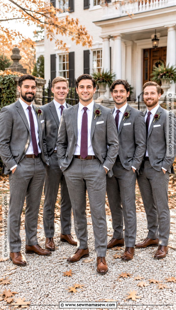 Gray Flannel Groomsmen Suits With Plum Ties - 15 groomsmen attire autumn ideas