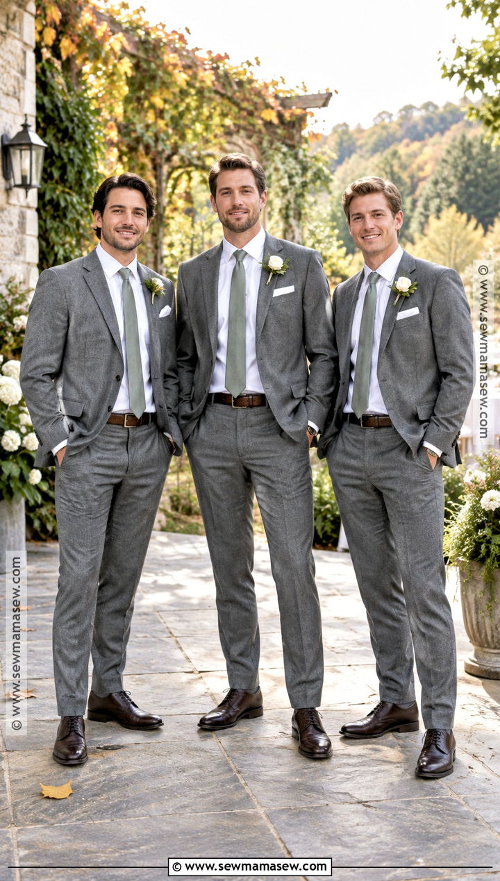 Gray Flannel October Groomsmen Suit With Sage Tie - 15 october groomsmen attire ideas