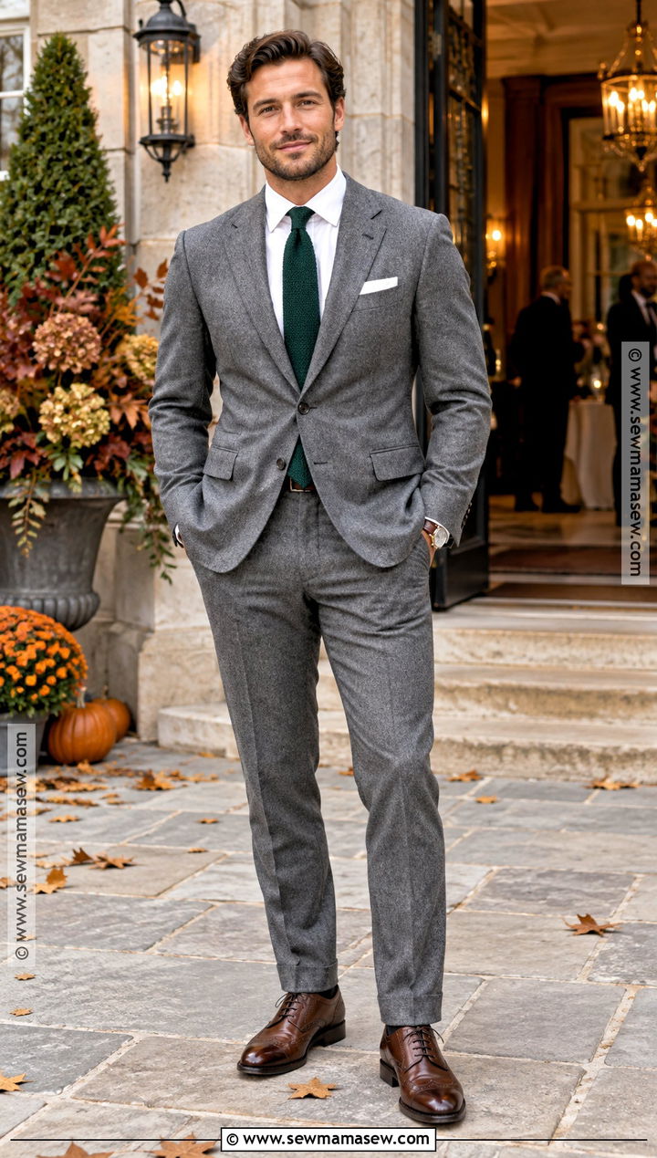 Gray Flannel Suit And Knit Tie Fall Wedding Guest Outfit - 20 mens fall wedding attire guest ideas