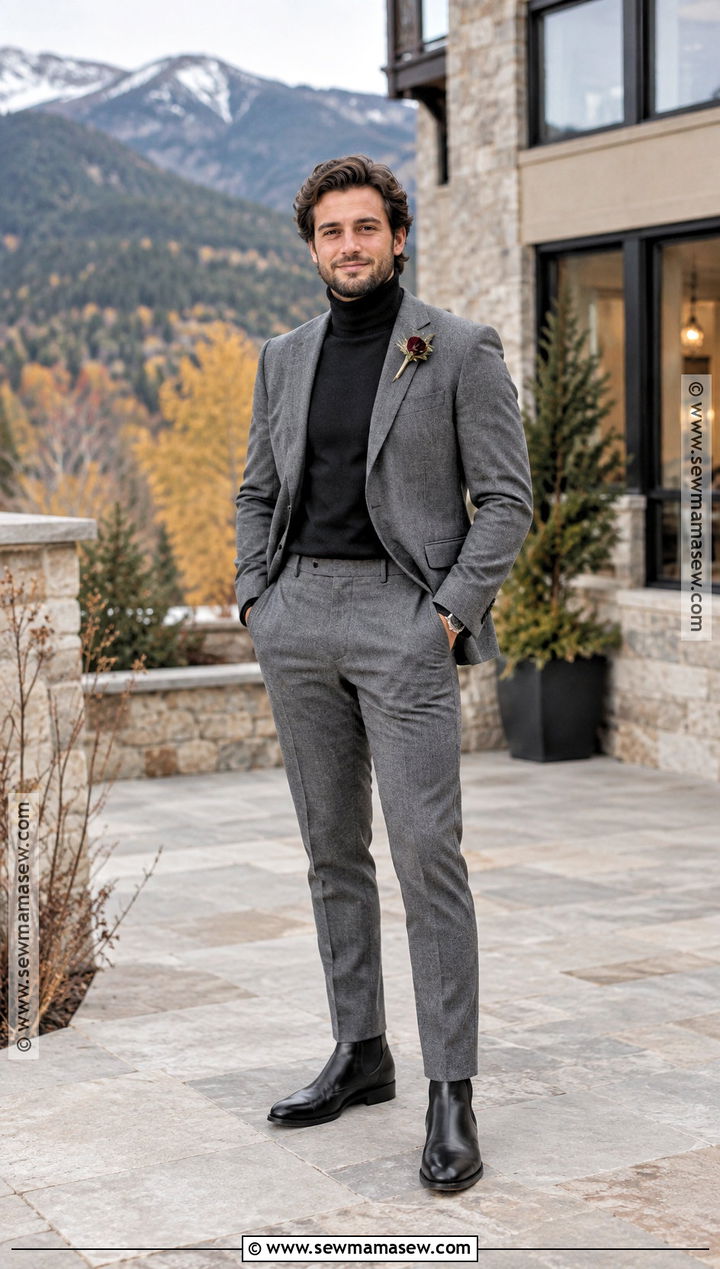 Gray Flannel Suit And Turtleneck Groom Outfit - 15 casual groom attire fall ideas