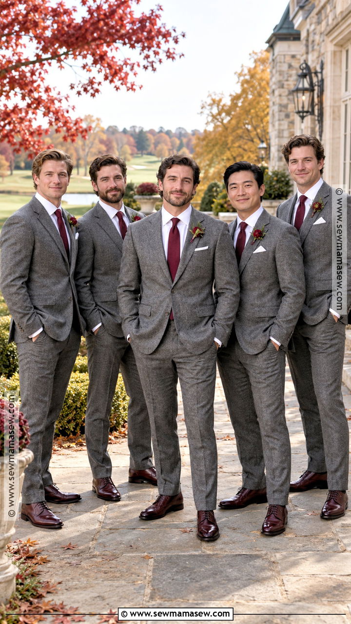 Gray Flannel Suit With Burgundy Accessories - 20 groomsmen fall wedding attire ideas