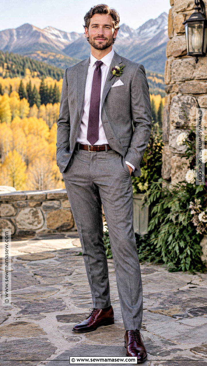 Gray Flannel Suit With Plum Tie - 15 fall outdoor wedding groom attire ideas