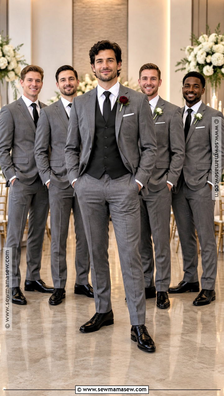 Gray Groom Suit With Black Groomsmen Vests - 15 fall groom and groomsmen attire ideas