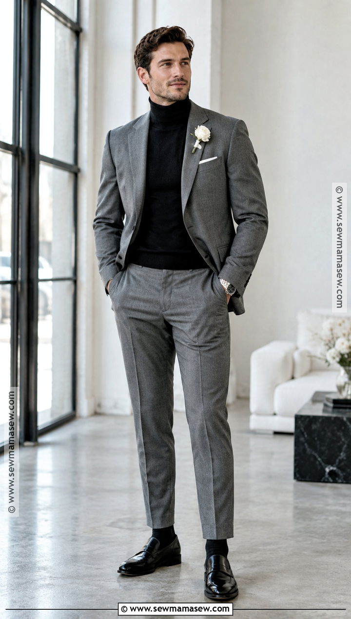 Gray Groom Suit With Black Turtleneck - 15 groom attire fall wedding ideas