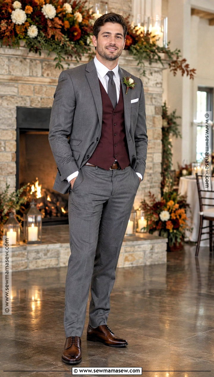 Gray Groomsmen Suit With Burgundy Vest - 25 fall groomsmen attire ideas