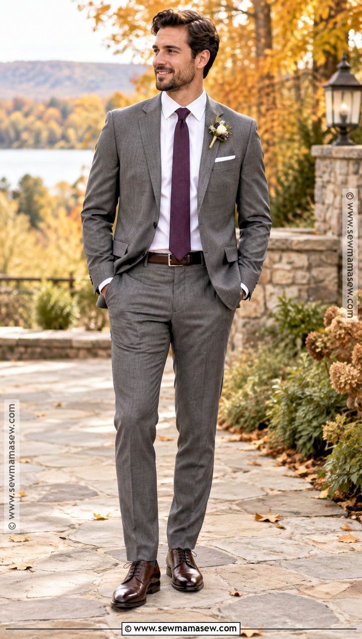 Gray Groomsmen Suit With Plum Tie - 25 fall groomsmen attire ideas