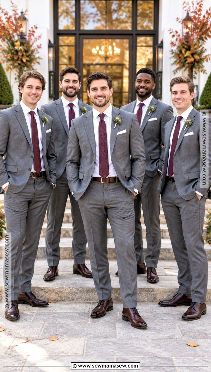 Gray Groomsmen Suits With Burgundy Ties for a Fall Wedding - 20 groomsmen attire fall wedding ideas