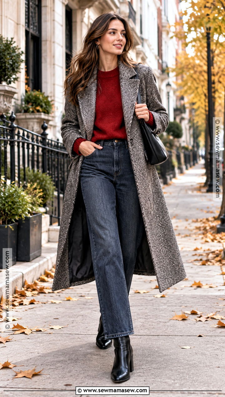 Gray Herringbone Coat With Red Sweater And Jeans - 20 long fall coat ideas