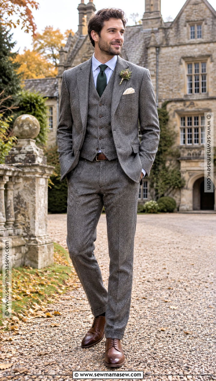 Gray Herringbone Fall Groom Suit - 15 fall groom wedding attire ideas
