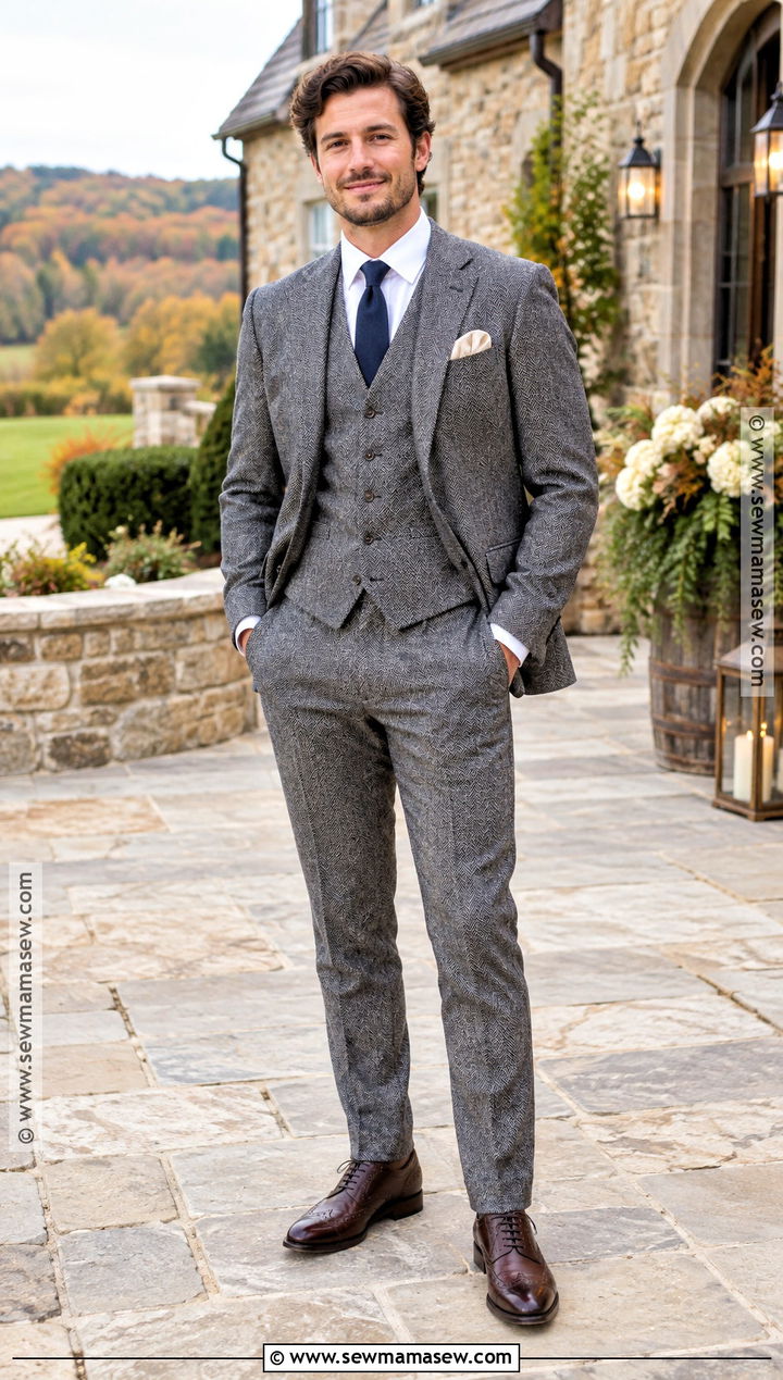 Gray Herringbone Groom Suit For A Fall Wedding - 15 groom attire for fall wedding ideas