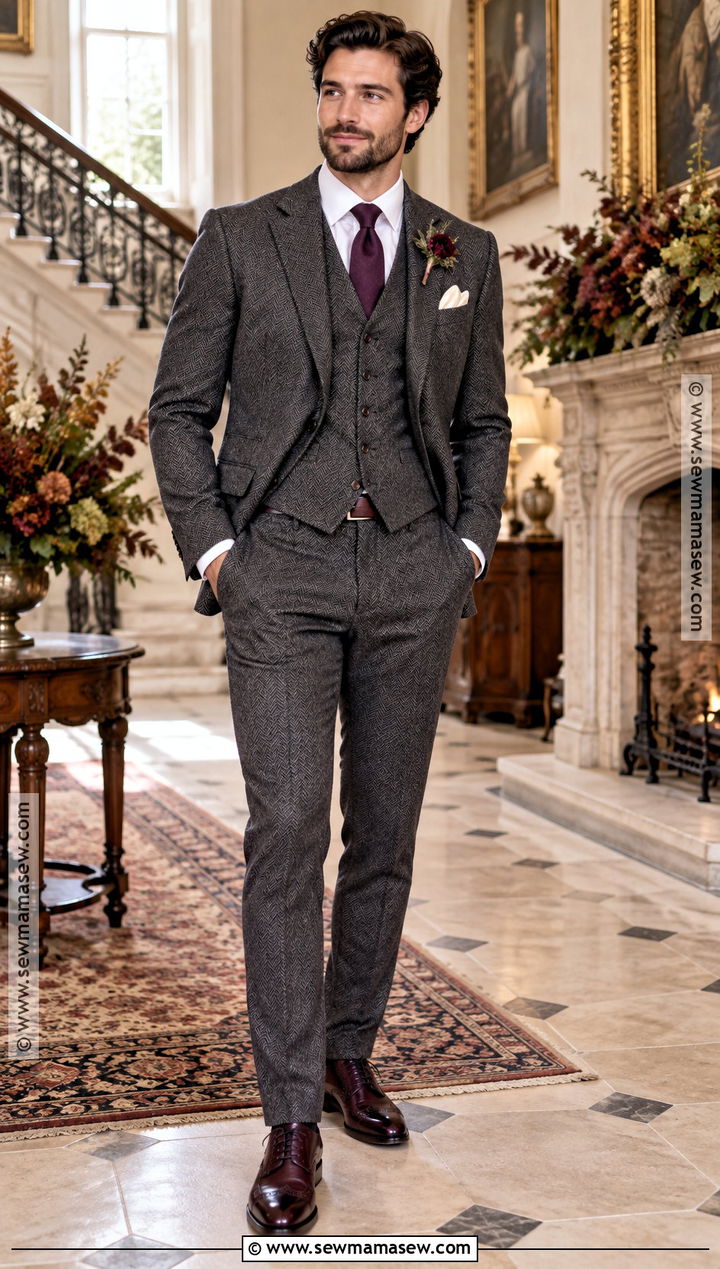 Gray Herringbone Groom Suit With Oxblood Shoes - 20 fall groom attire ideas