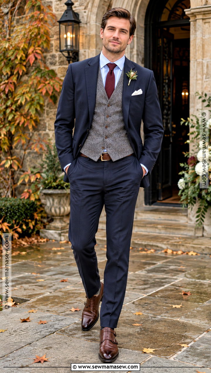Gray Herringbone Groom Vest With Navy Blazer - 15 fall groom attire vest ideas