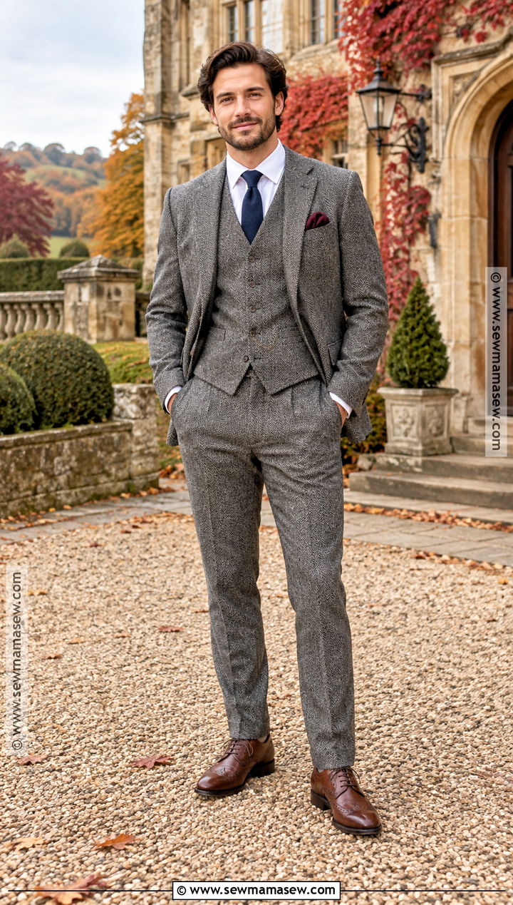 Gray Herringbone Groomsmen Suit With Navy Tie - 15 fall wedding party attire groomsmen ideas