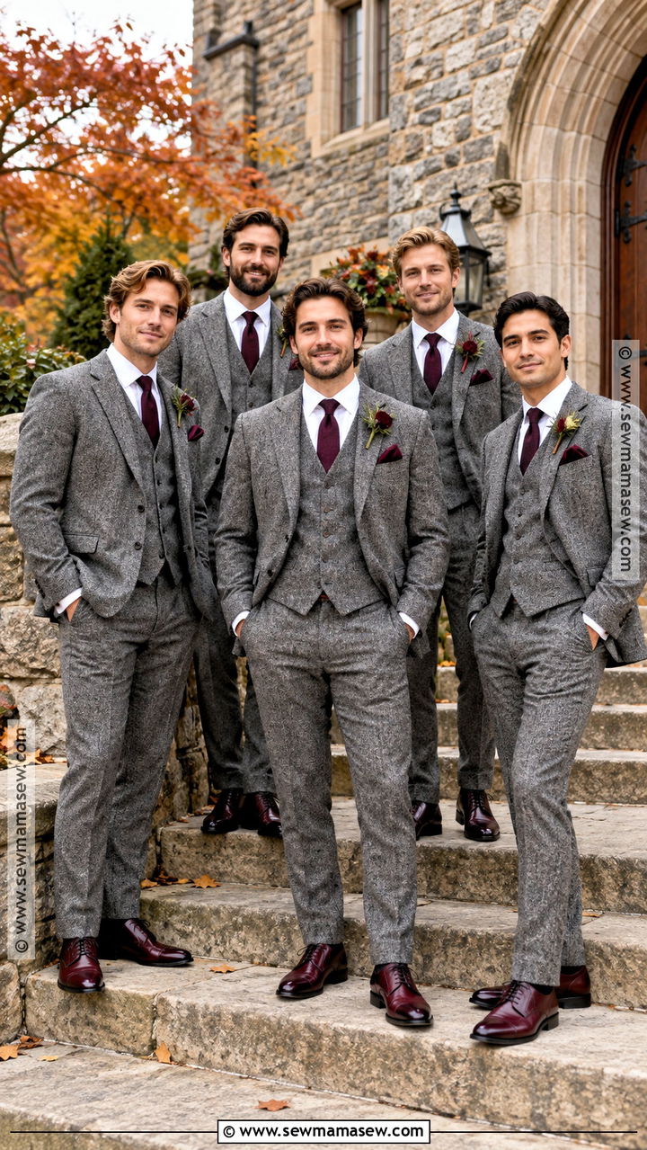 Gray Herringbone Groomsmen Suits With Wine Ties - 20 groomsmen attire fall ideas