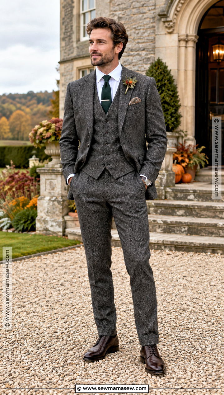 Gray Herringbone Suit Groom Attire - 15 october wedding groom attire ideas