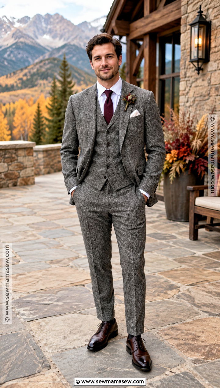 Gray Herringbone Suit Groom Attire - 25 fall wedding groom attire ideas