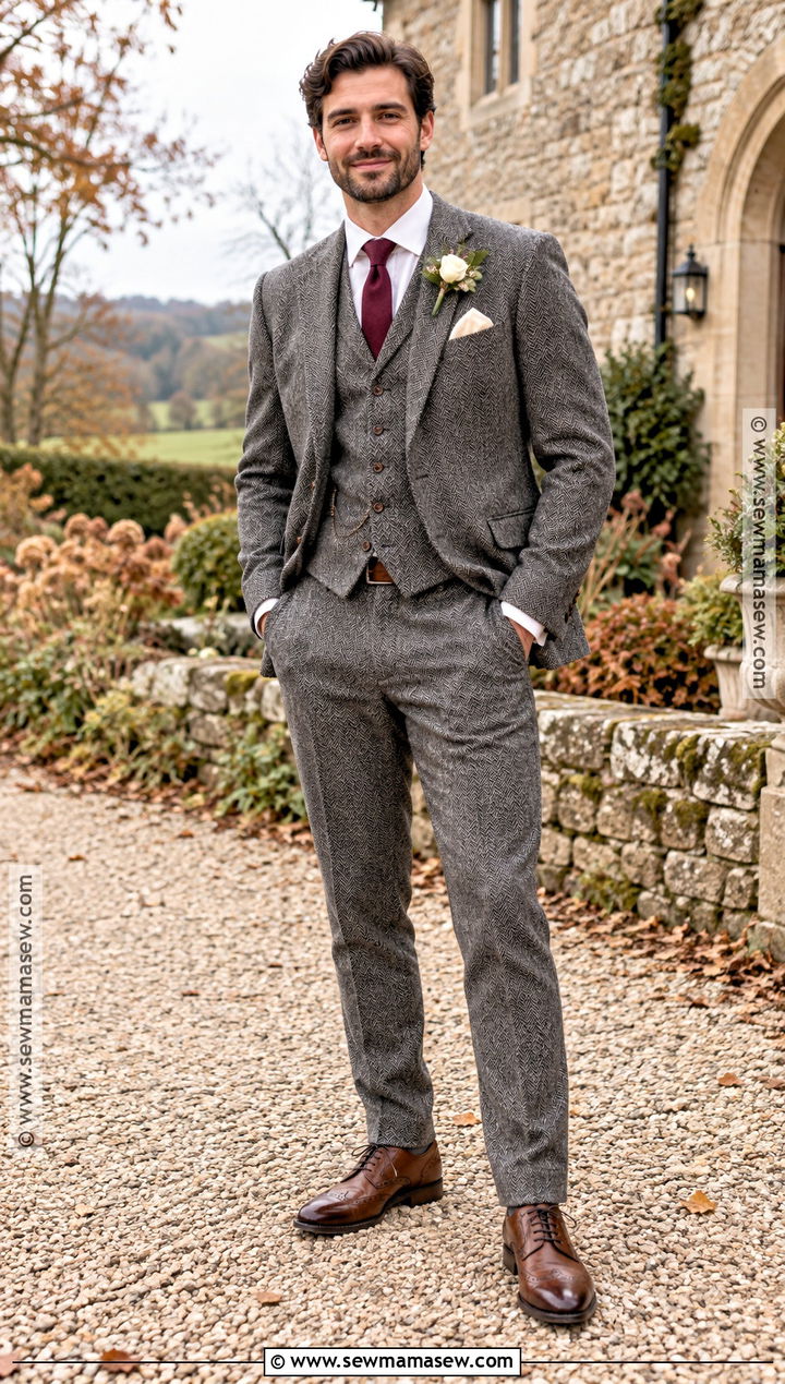 Gray Herringbone Suit Groom Attire - 15 fall country wedding groom attire ideas