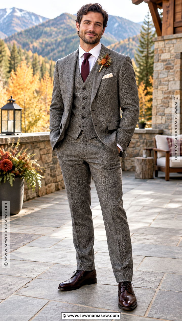 Gray Herringbone Suit Groom Outfit - 15 groom style fall wedding ideas