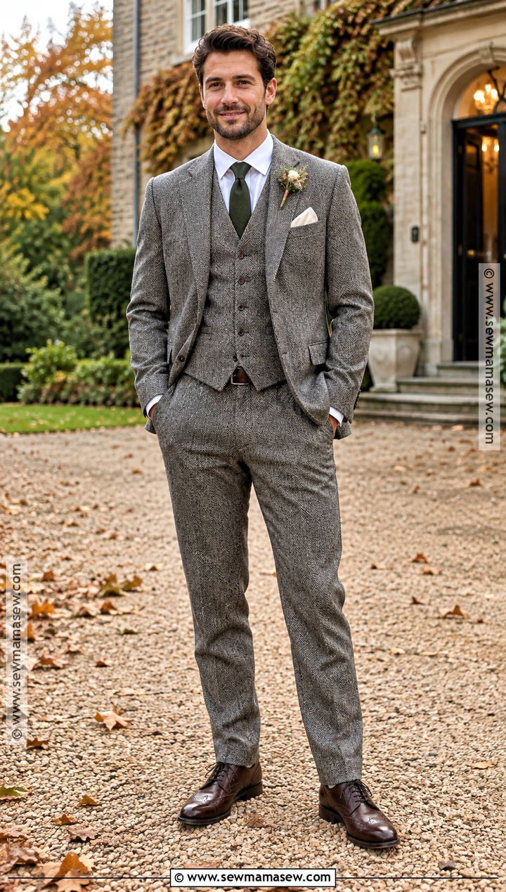 Gray Herringbone Suit Groom Outfit - 15 groom outfit fall wedding ideas