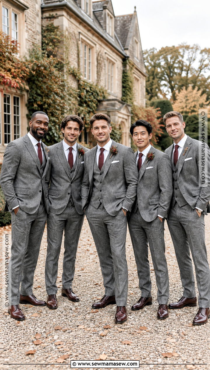 Gray Herringbone Suit With Burgundy Tie Groomsmen Attire - 15 groomsmen fall attire ideas