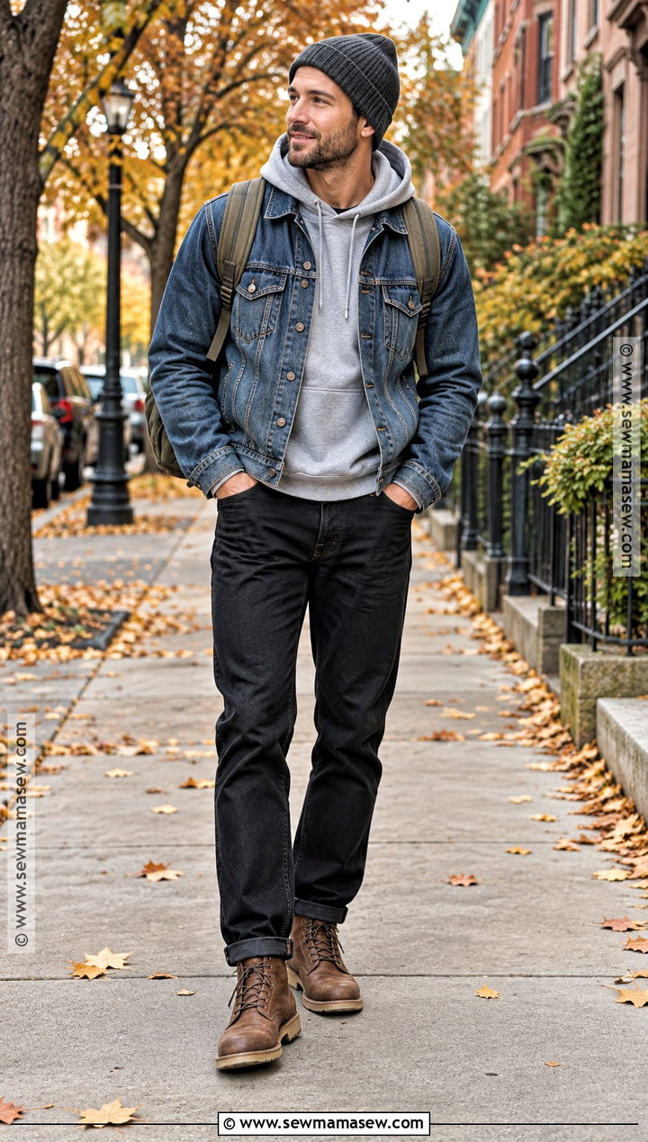 Gray Hoodie With Denim Jacket And Black Jeans - 15 Fall Hoodie Outfit Ideas for Men