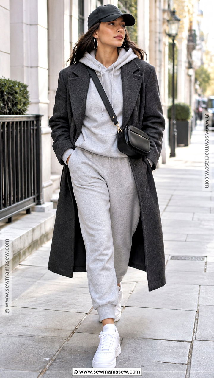 Gray Hoodie With Wool Coat And Joggers - 15 Gray Cozy Fall Fashion Ideas