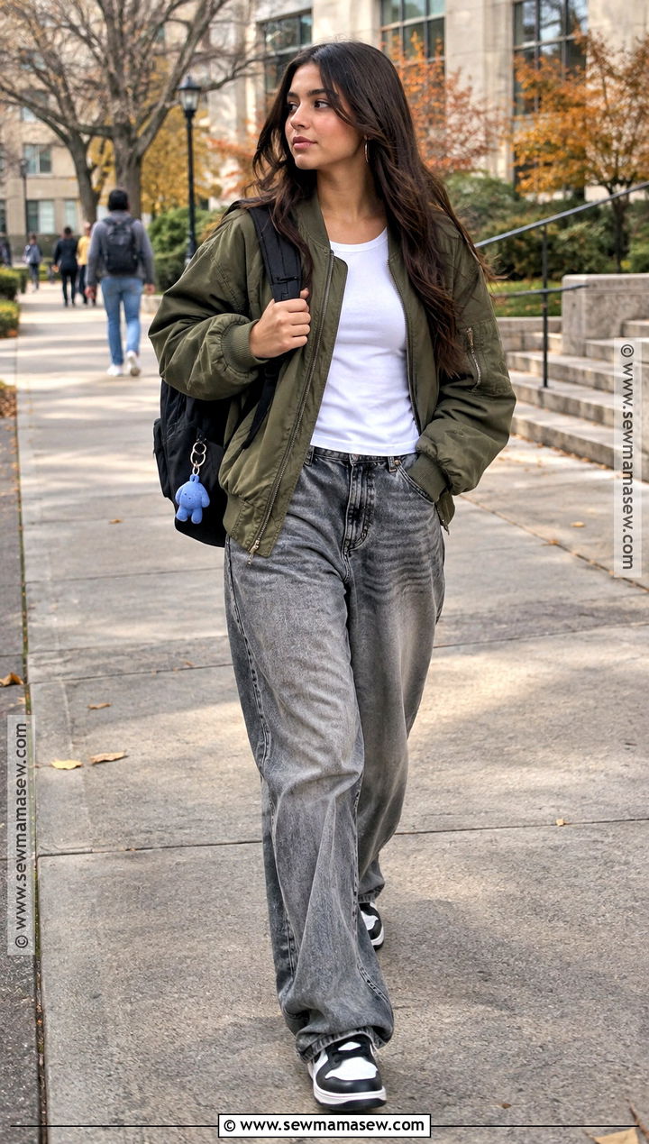 Gray Jeans And Bomber Jacket Outfit - 15 jeans outfit back to school