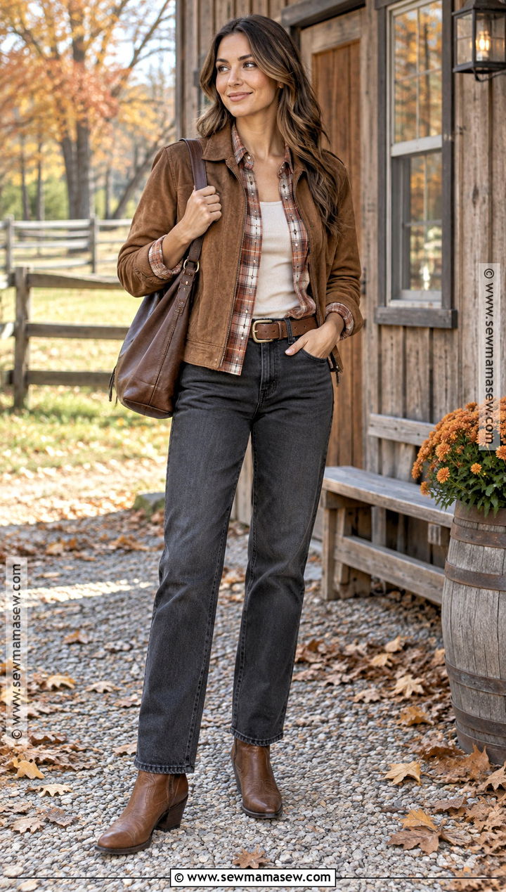 Gray Jeans Plaid Shirt And Western Ankle Boots - 15 Fall Jeans Outfit Casual Ankle Boots