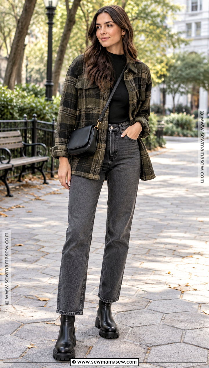 Gray Jeans Shacket and Lug Sole Boots - 15 fall outfit jeans and boots