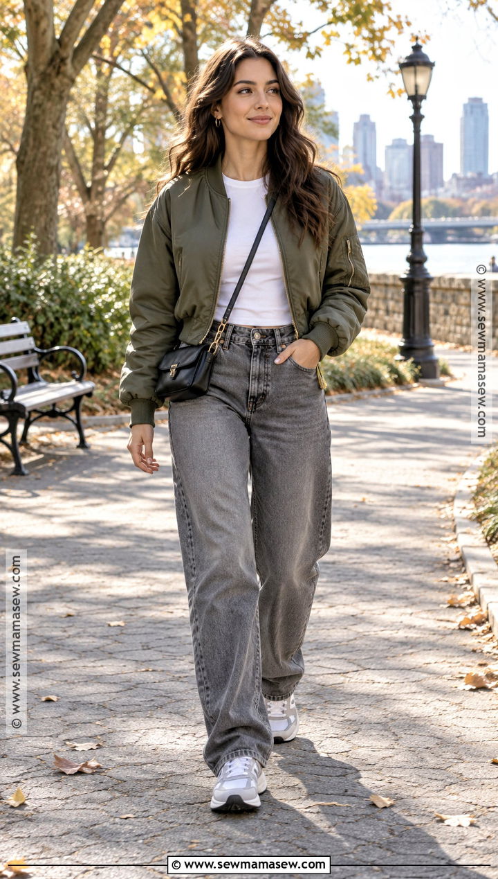 Gray Jeans With A Bomber Jacket - 20 gray jeans outfit fall
