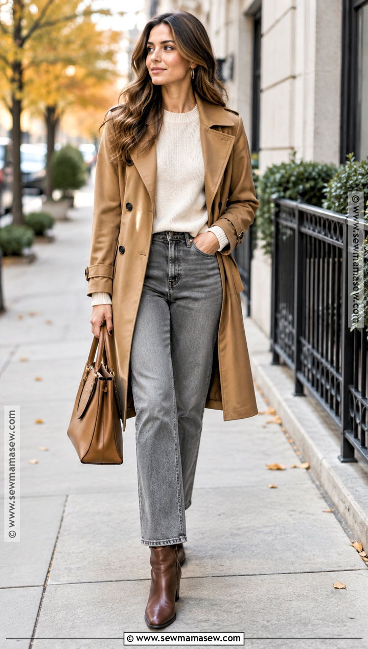 Gray Jeans With A Camel Trench Coat - 20 gray jeans outfit fall