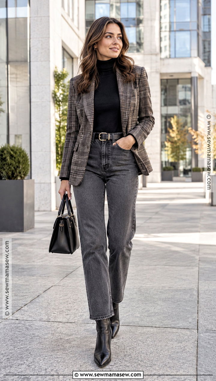 Gray Jeans With A Plaid Blazer - 15 autumn jeans outfits 2026