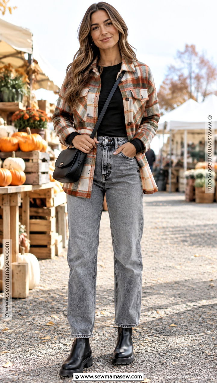Gray Jeans With A Plaid Shacket - 20 gray jeans outfit fall